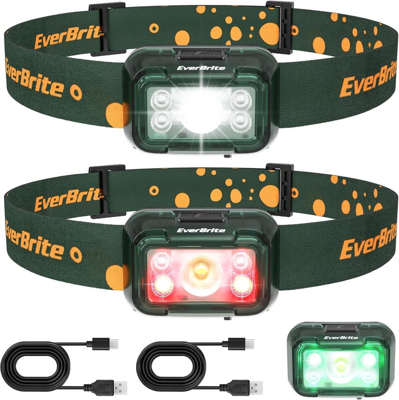 EverBrite Rechargeable Headlamp, 2 Pack Kids Headlamp with White/Red/Green Light and Memory Function, Head Lamp for Adult and Kid with 5 Modes, 120° Adjustable LED Headlamp for Camping, Running-Green - Image 1